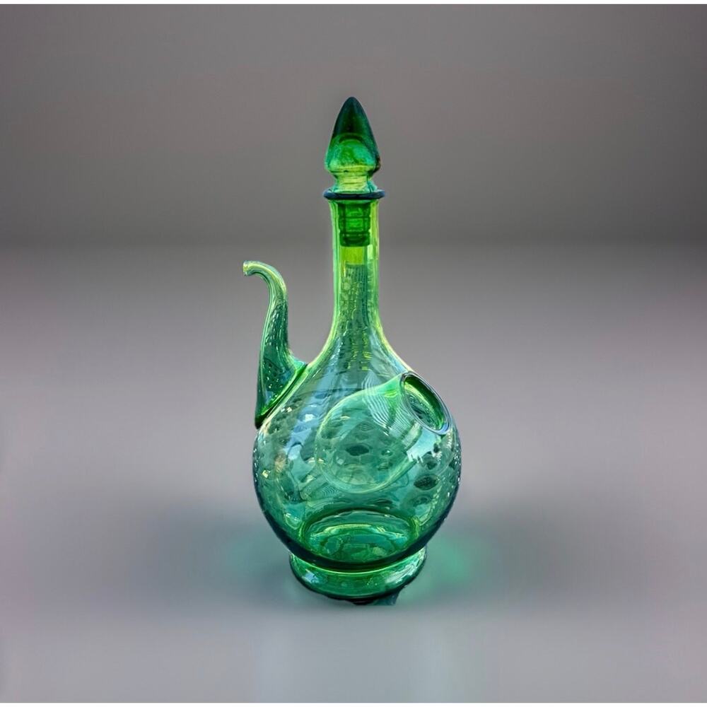 Vintage Hand Blown Green Glass Thumb Hole Cruet Decanter with Stopper 13”